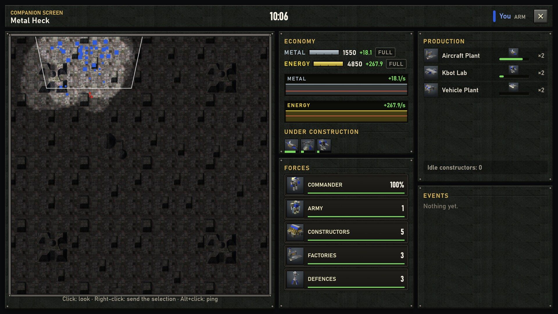 The companion screen: the map at full size beside the economy, forces, factories and events