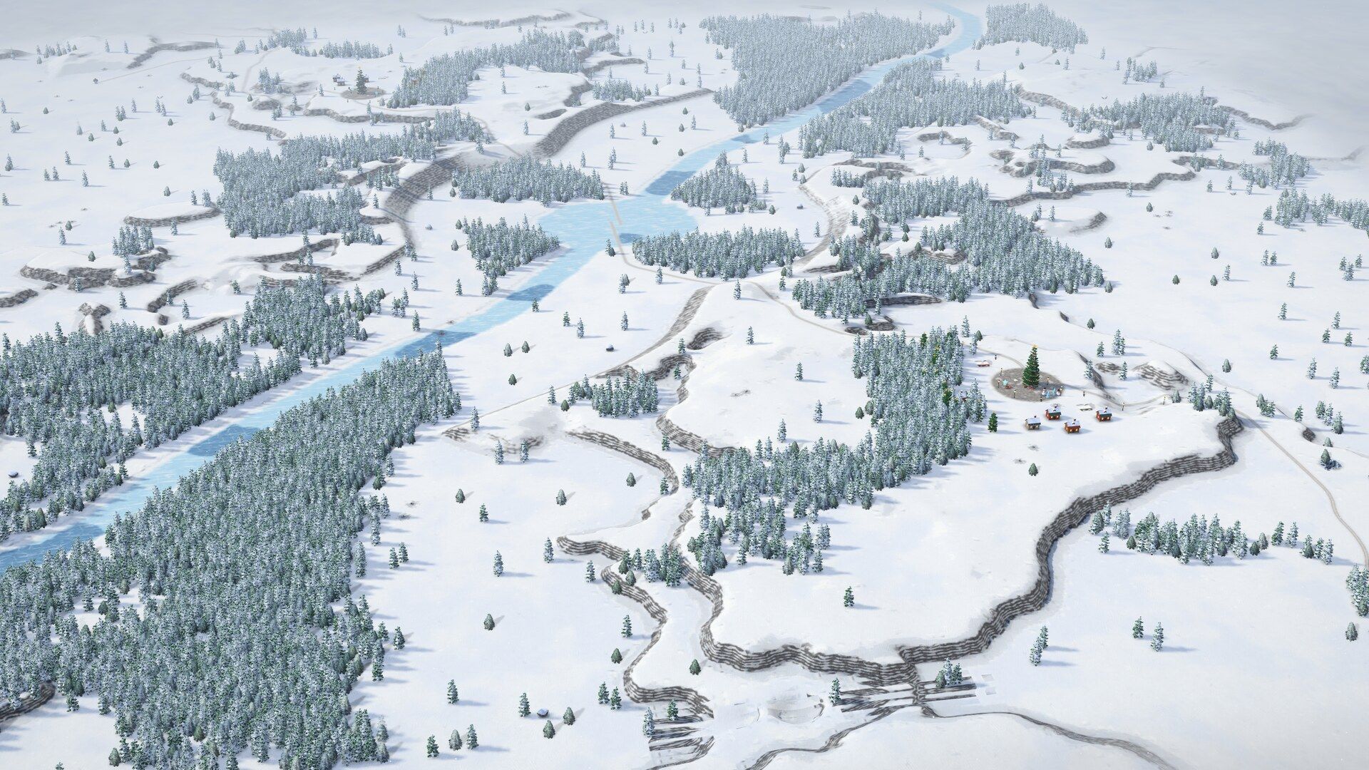 Frostfall Hollow, a winter valley, from the air