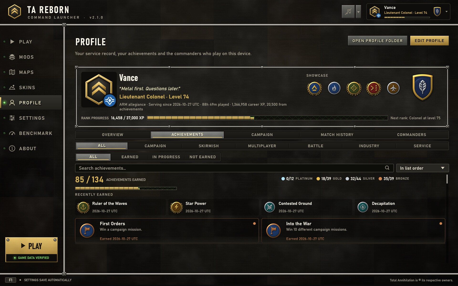 The Profile page's achievements: 85 of 134 earned, the latest with their medallions