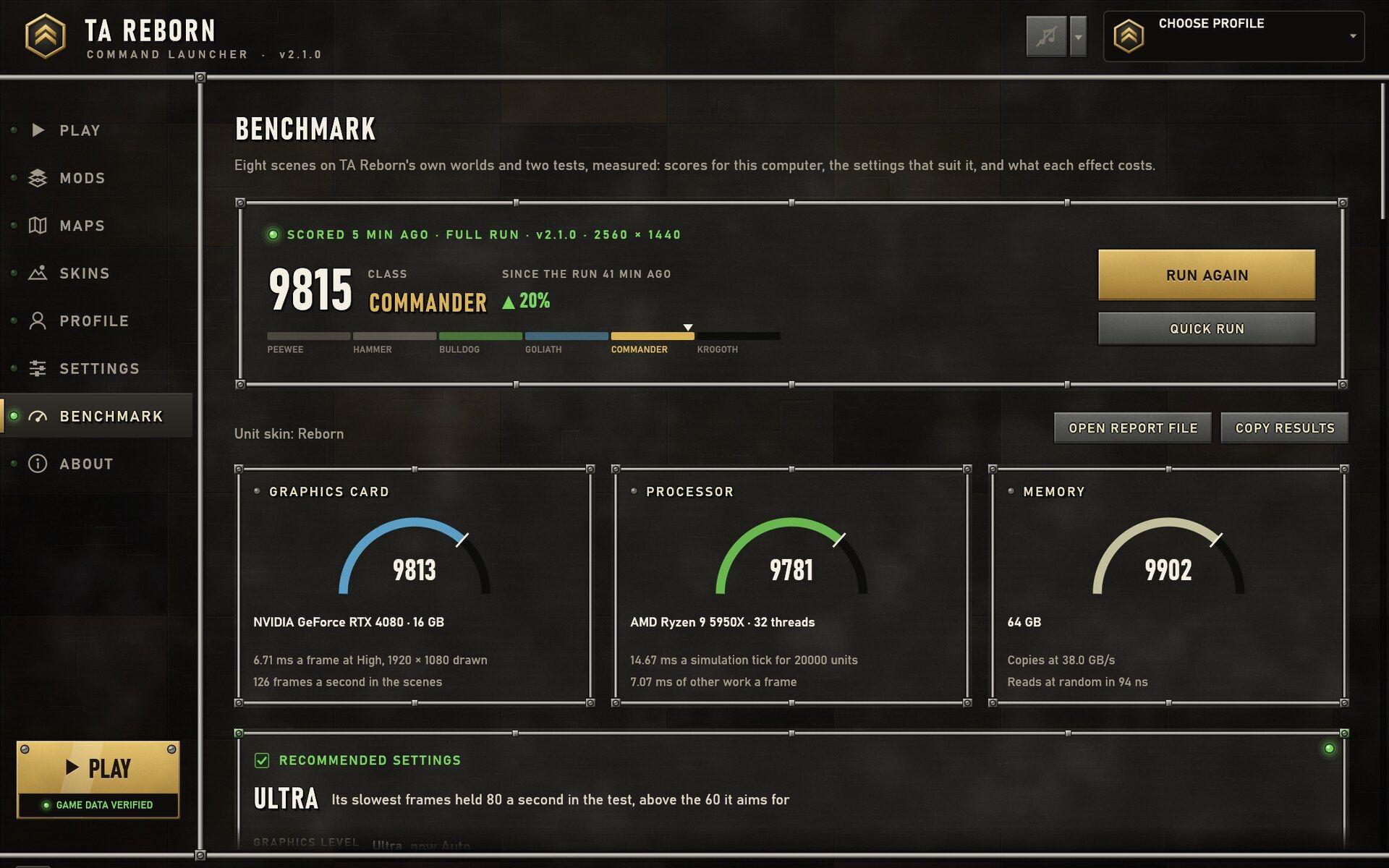 The Benchmark page: eight scenes and two tests measured, a score of 9,815, the graphics card's, processor's and memory's scores, and Ultra recommended