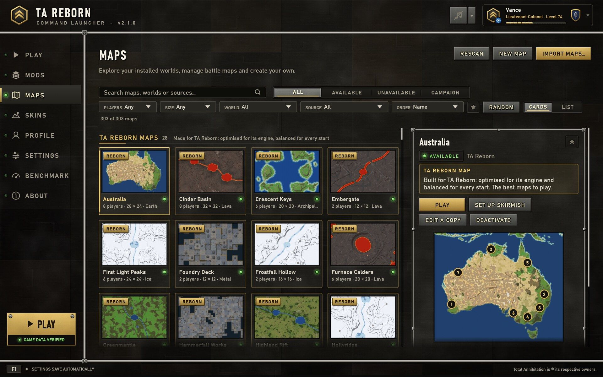 The Maps page: cards of every map with its terrain, Australia's details beside them