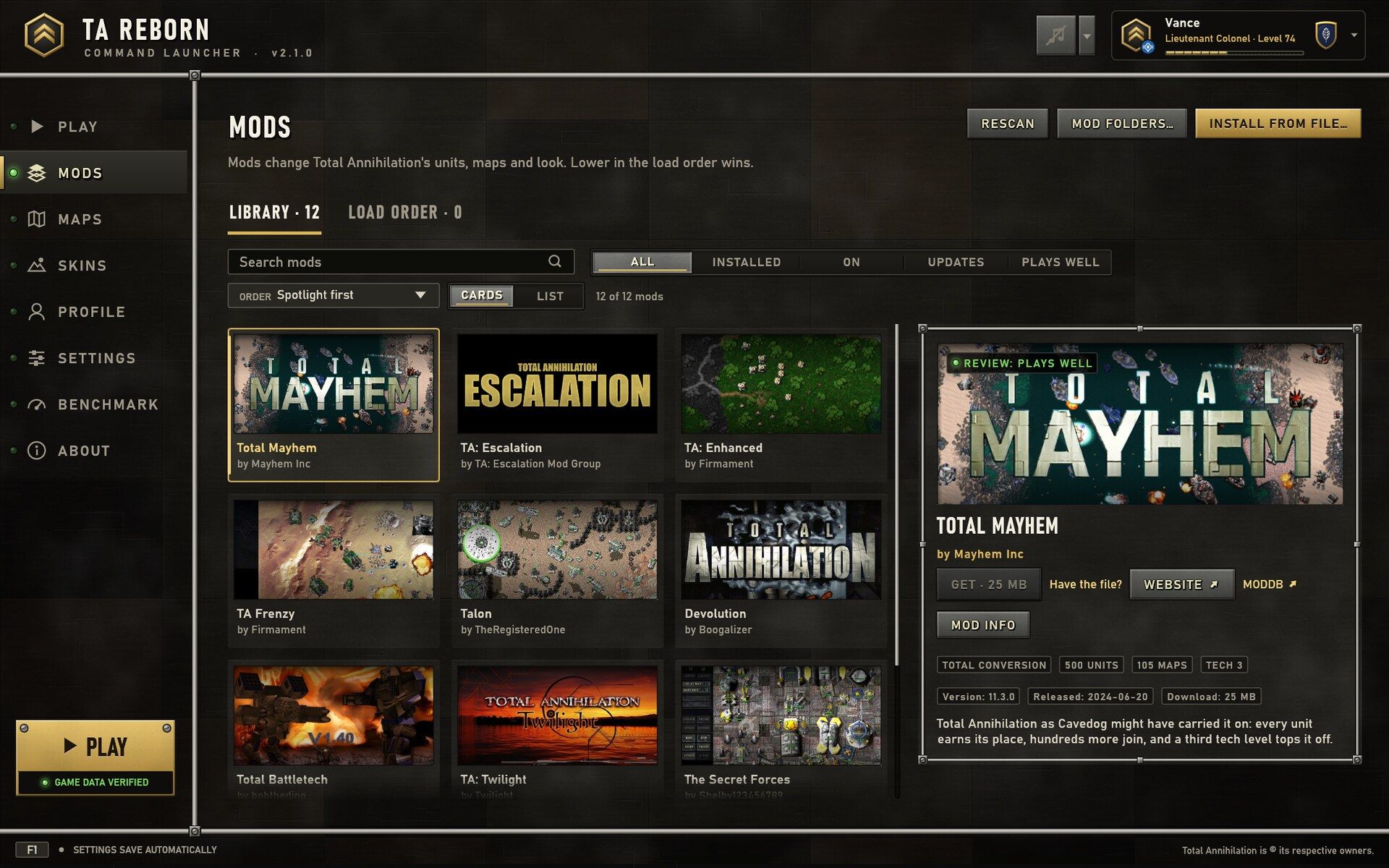 The Mods page: a library of community mods with their banners and details