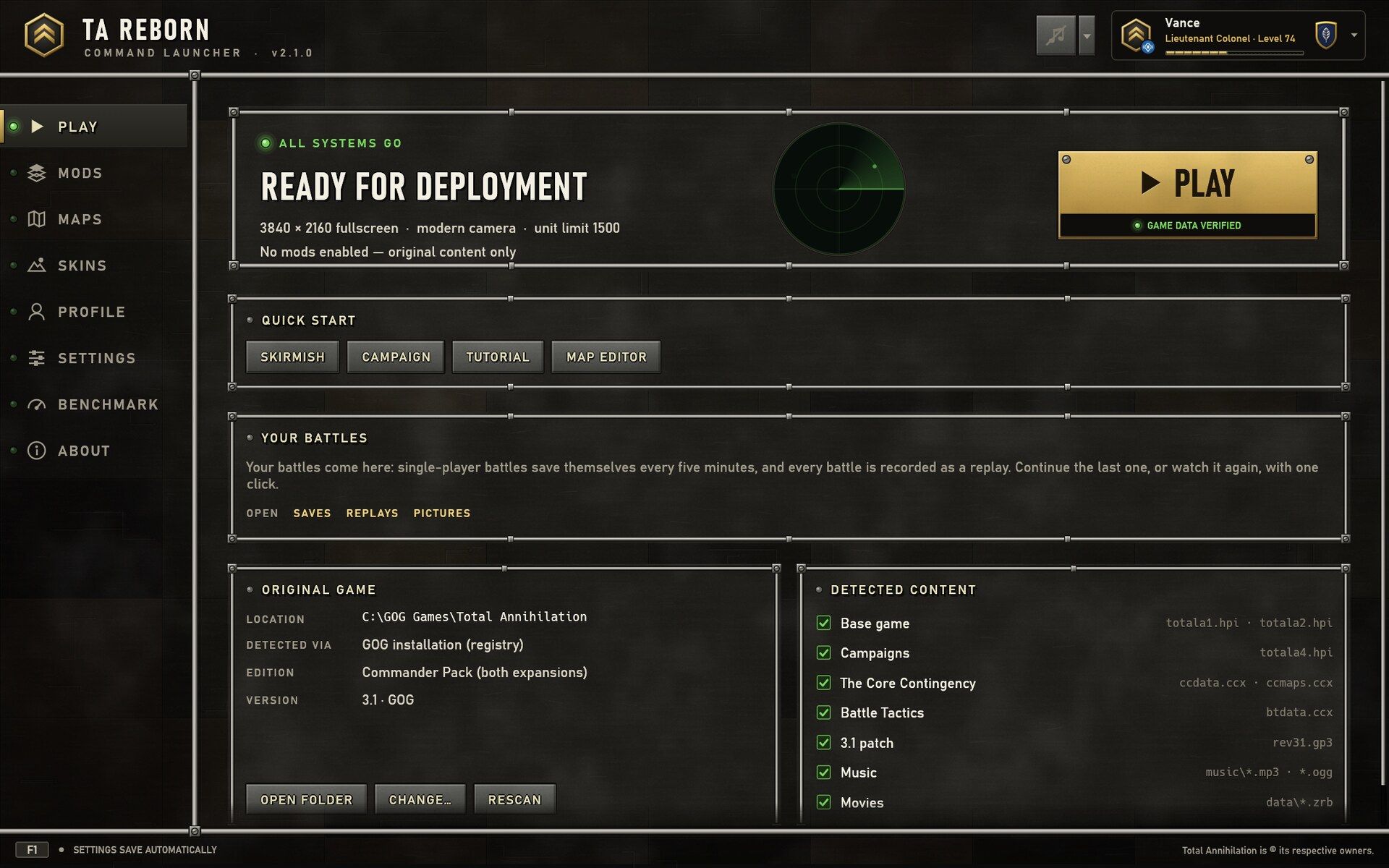 The launcher's Play page: ready for deployment, with quick starts, and the original game found and its content checked