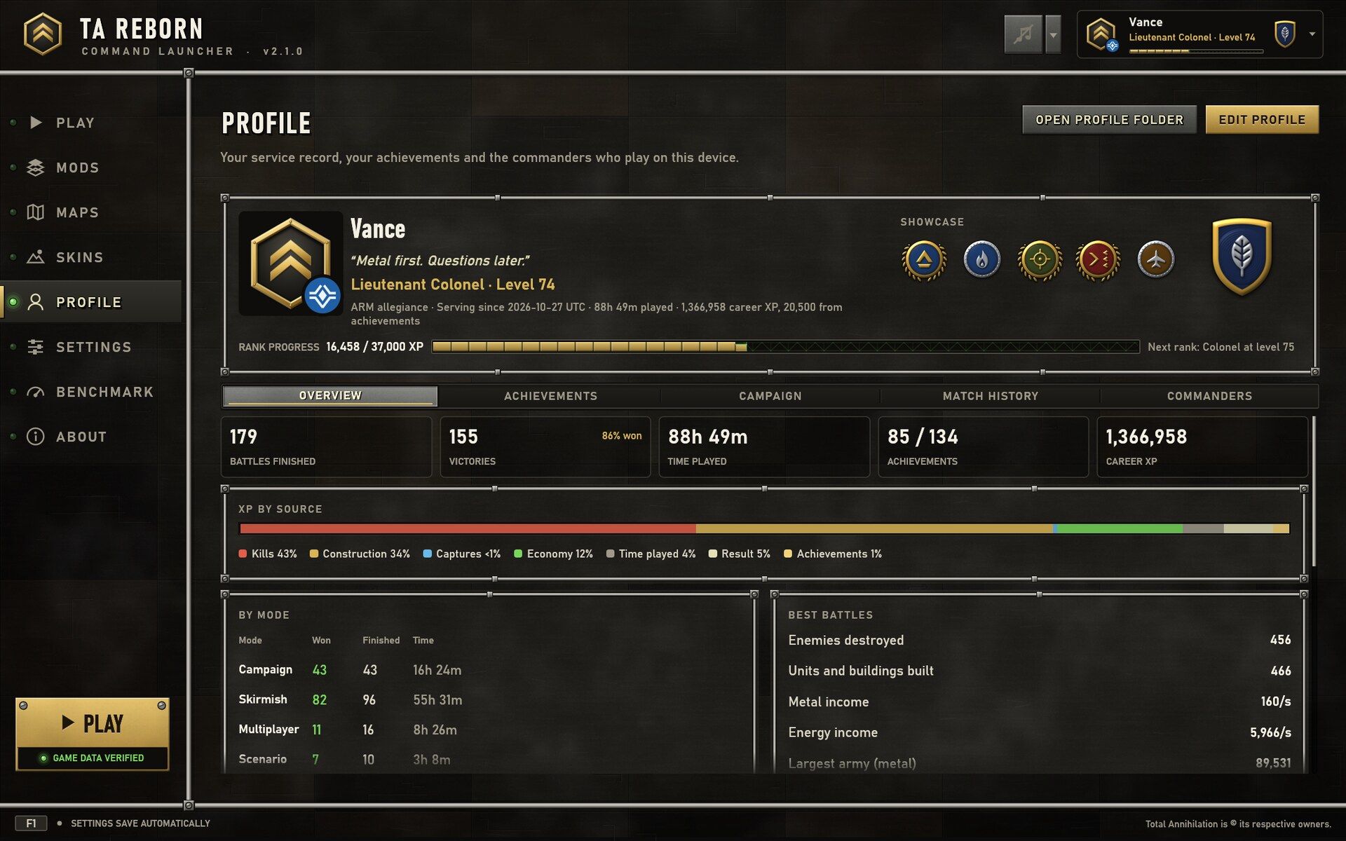 The Profile page: a commander's service record, rank, showcase and XP