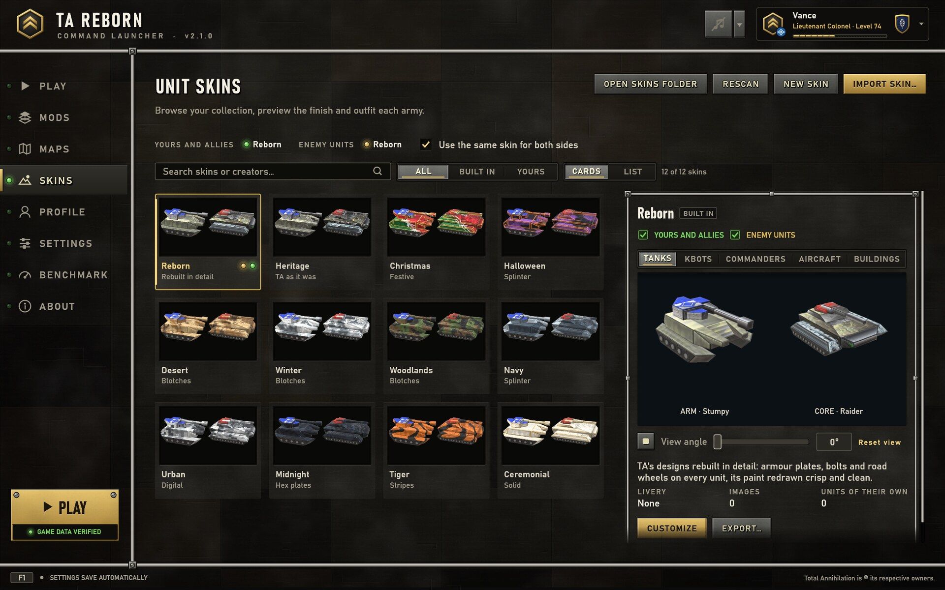 The Skins page: cards of the built-in skins on a tank and a Raider