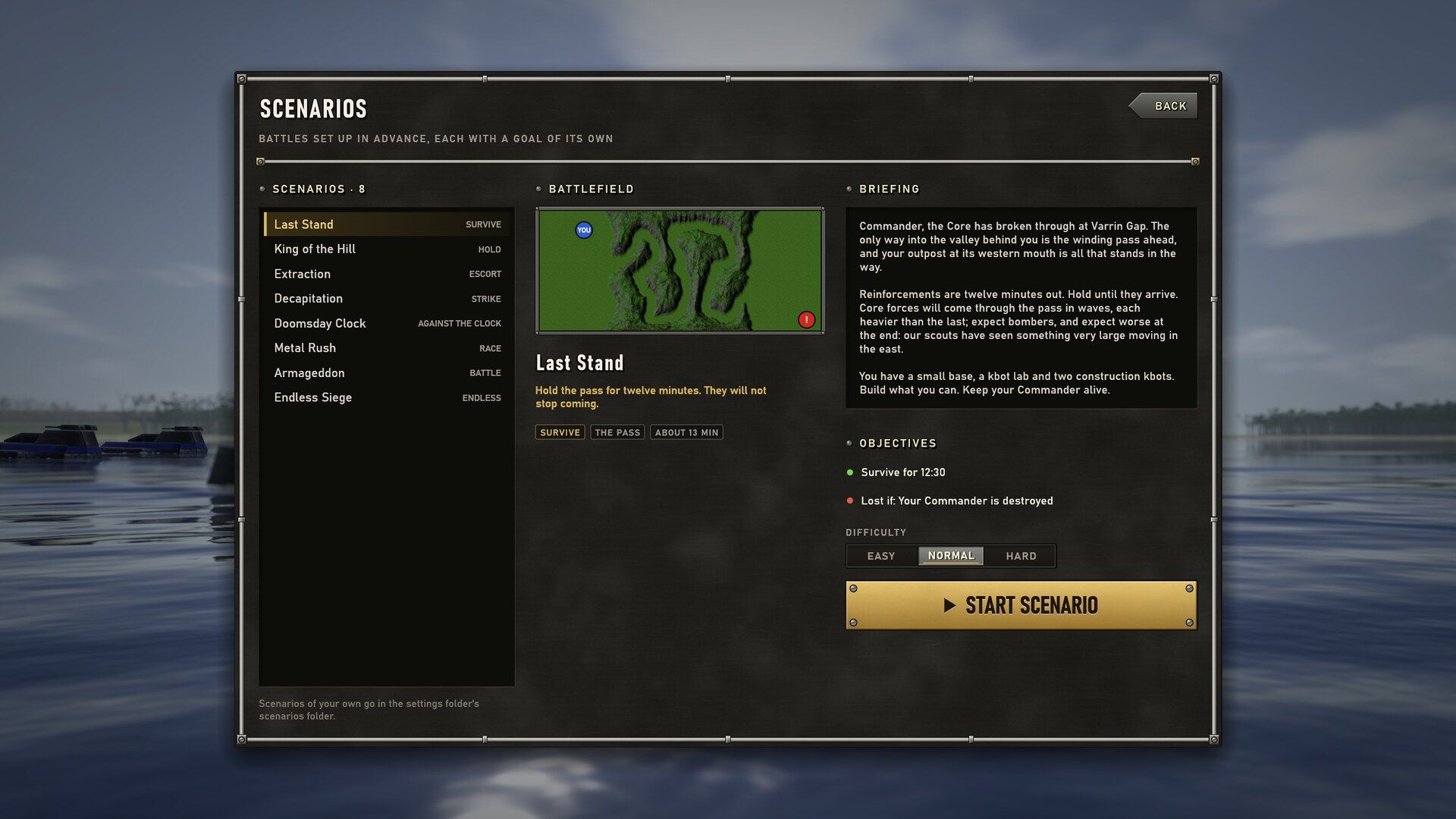 The scenarios page: Last Stand, King of the Hill and six more