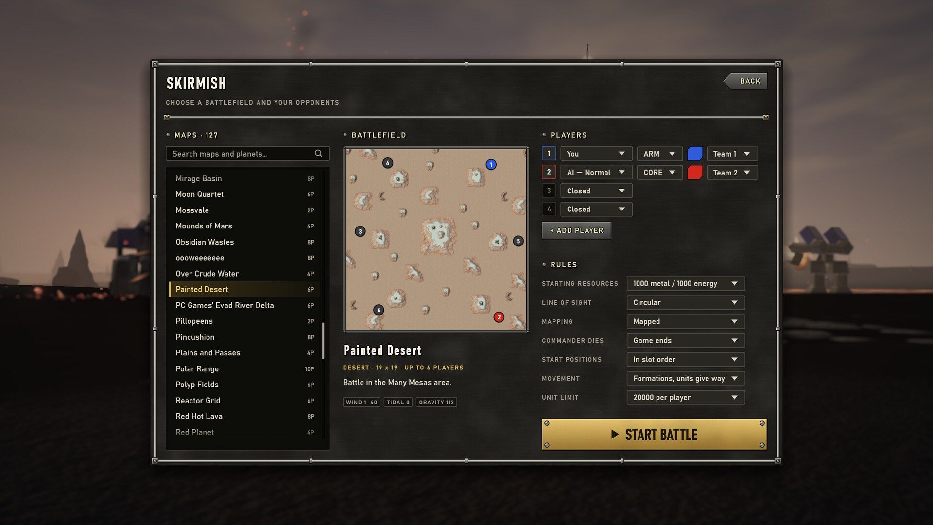 The skirmish page: maps, players, teams and rules